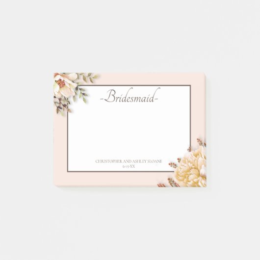 Champagne Ivory Pink Floral Bridesmaid Post-it® Notes (Voorkant)