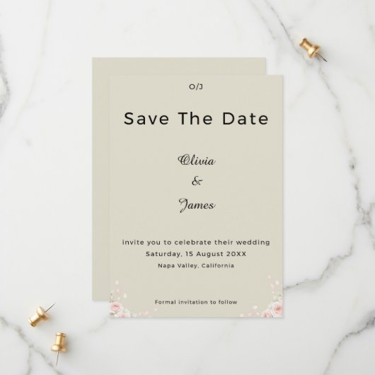 Champagne Ivory Whispered Petals Minimalist Script Save The Date (Voorkant / Achterkant in situ)