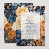 Champagne, Marine en Bruin Bloemen Lente Bruiloft Kaart (Voorkant / Achterkant)