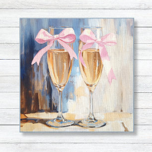 Champagne met Roze Strik Uniek Bruidsdiner Cadeau Canvas Afdruk