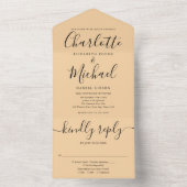 Champagne Moderne Script Minimalistische Trouwkaar All In One Uitnodiging (Binnen)