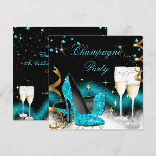 Champagne Party Glitter Blauwgroen Blue High Heels Kaart