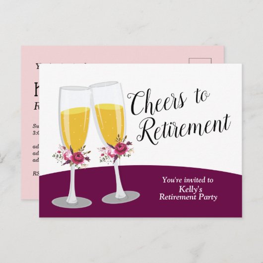 Champagne pensioenfeest uitnodiging briefkaart (Voorkant / Achterkant)