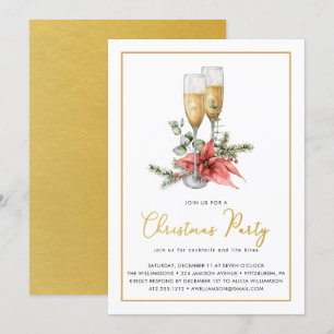 Champagne Poinsettia Greenery Gold Kerstparty Kaart