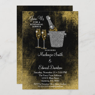 Champagne Rehearsal Dinner Invitation Black Gold Kaart