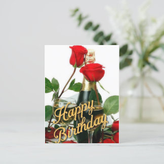 Champagne & Rode Rozen Verjaardagskaart Briefkaart