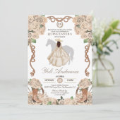Champagne Roos Floral Charro Quinceanera Kaart (Staand voorkant)