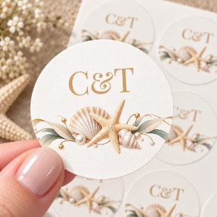 Champagne Schelp Zeester Kust Bruiloft Ronde Sticker