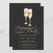 Champagne Script | Elegant Black Engagement Party Kaart (Voorkant / Achterkant)
