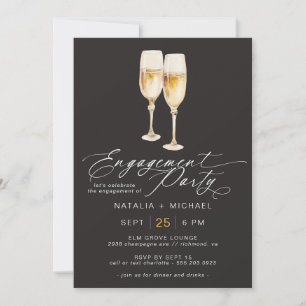 Champagne Script   Elegant Black Engagement Party Kaart