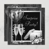 Champagne Sparkles Black White Surprise Party Kaart (Voorkant / Achterkant)