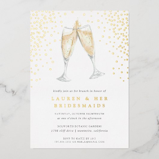 Champagne Toast | Bruidsmeisjes Brunch Gold Folie Uitnodiging (Voorkant)