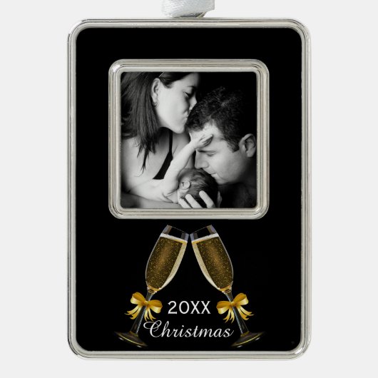Champagne Toast Elegant Custom Photo Verzilverd Kader Ornament (Voorkant)