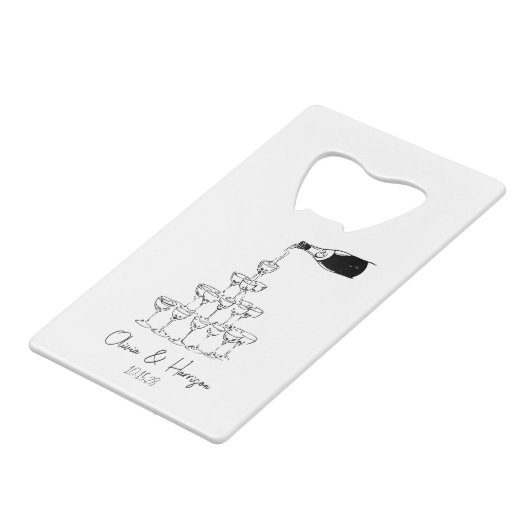 Champagne Toren Schets Aangepaste Naam Trouwen Kredietkaart Flessenopener (Voorkant Gekanteld)