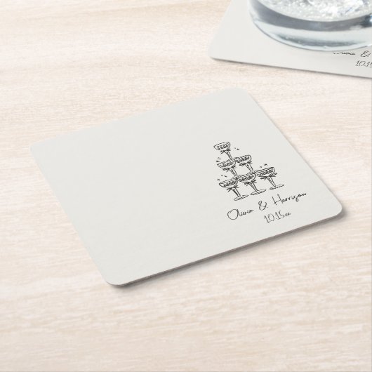 Champagne Tower Doodle Custom Name Wedding Vierkante Kartonnen Onderzetter (Schuin)