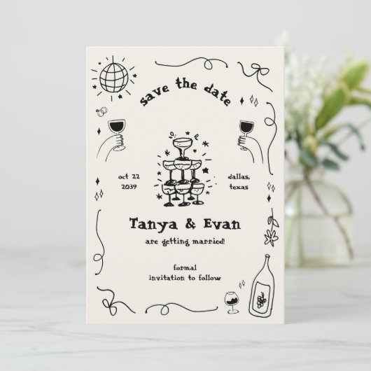 Champagne Tower Hand getrokken Fun Disco bruiloft Save The Date (Staand voorkant)