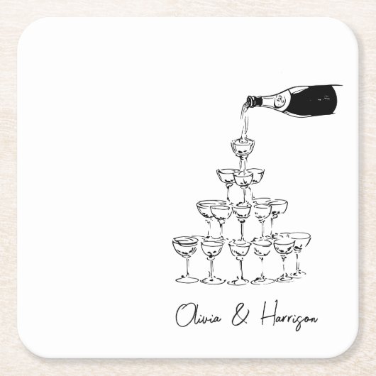 Champagne Tower Sketch Aangepaste naam bruiloft Vierkante Kartonnen Onderzetter (Voorkant)