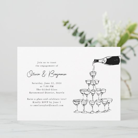 Champagne Tower Sketch Engagement Party Kaart (Staand voorkant)