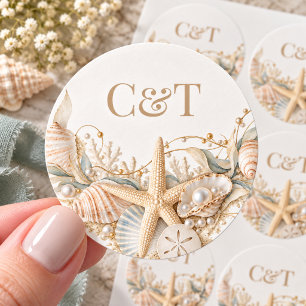 Champagne Zeeschelp Kust Bruiloftsmonogram Ronde Sticker