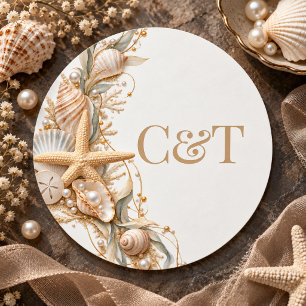 Champagne Zeeschelp Kust Bruiloftsmonogram Ronde Sticker