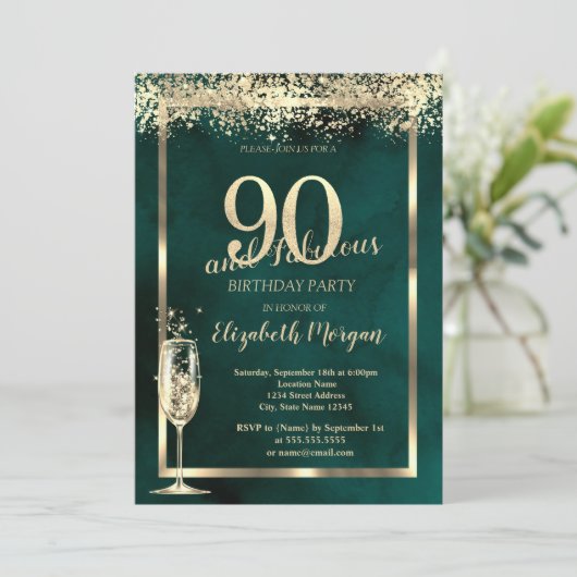 Champagneglas Goud Confetti Groen 90e Verjaardag Kaart (Staand voorkant)