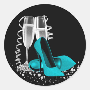 Champagneglas hoge hak schoen turquoise blauwe sti ronde sticker