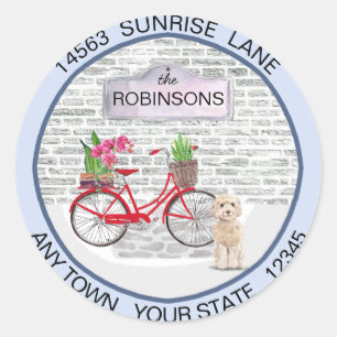 Champaign Cockapoo Moving Bicycle Nieuw adres Ronde Sticker