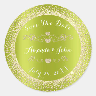 Champaigne Green Gold Glitter Save the Date Harten Ronde Sticker