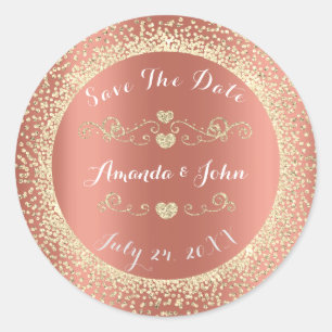 Champaigne Roos Gouden Glitter Save the Date Harte Ronde Sticker