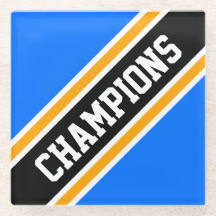 CHAMPIONS Zwart Helderblauw Geel Slant Stripes Glazen Onderzetter