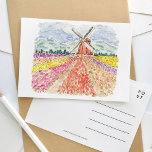 Champs de tulipe dans la carte postale de l'aquare<br><div class="desc">Une carte postale de voyage en aquarelle magnifiquement peinte avec champs de tulipes dans le Pays-Bas.</div>
