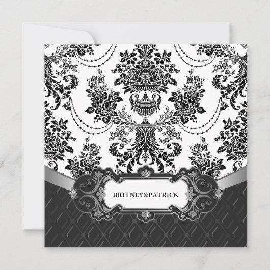 Chandelier Black Damask White Wedding Invitations Kaart (Voorkant)