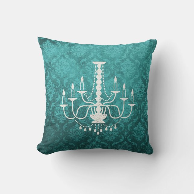  Chandelier Blauwgroen Damask Pillow Kussen (Voorkant)