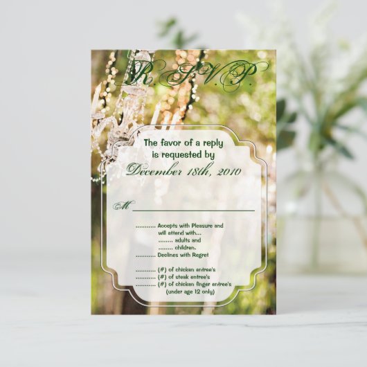 Chandelier Mariage de carte R.S.V.P. 3,5x5 en chên (Debout devant)