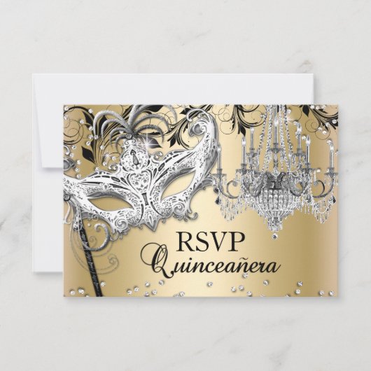 Chandelier Masquerade Gold Quinceanera RSVP (Devant)