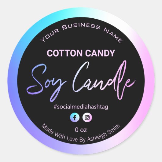 Chandelle de soja couleur Coton Candy Étiquette (Devant)
