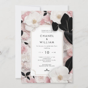 Chanel-geïnspireerd blos roze bloemenbruiloft kaart