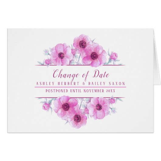 Changement de date anemone rose mariage carte repo (Devant horizontal)
