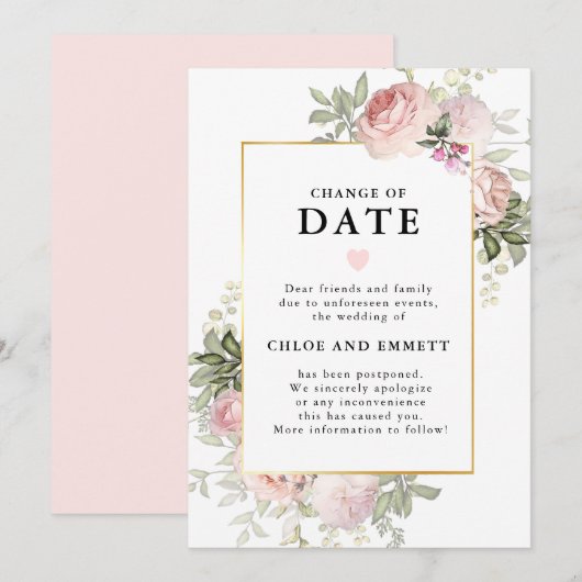 Changement de date Pink Floral Mariage Faire-part (Devant / Derrière)