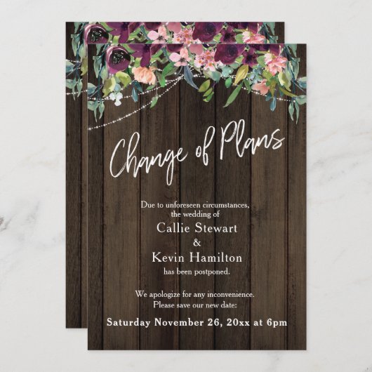 Changement de plan Mariage différé Carte en bois f (Devant / Derrière)