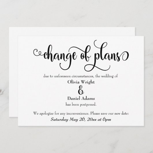 "Changement de plan" Reporté Faire-part Mariage (Devant / Derrière)