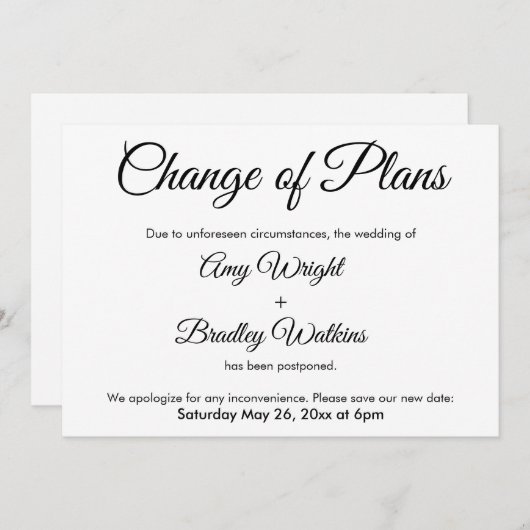 Changement de plan Reporté Faire-part Mariage (Devant / Derrière)