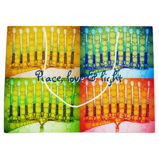 Chanoeka 4 Kleurrijke Menora's Vrede Liefde Licht Groot Cadeauzakje (Voorkant)