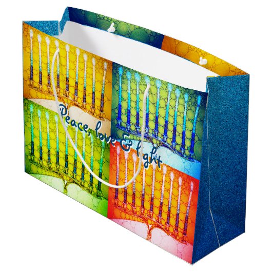 Chanoeka 4 Kleurrijke Menora's Vrede Liefde Licht Groot Cadeauzakje (Achterkant Gekanteld)