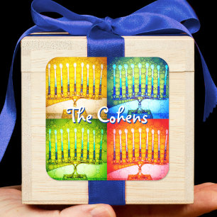 Chanoeka 4 Menora Geel Blauw Groen Rood Vet Naam Vierkante Sticker