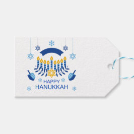 Chanoeka Blauw Goud Menorah Dreidel Sneeuwvlokken Cadeaulabel