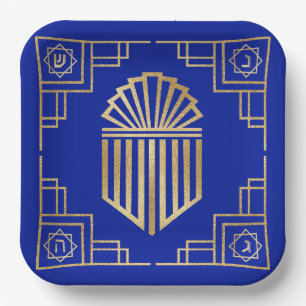 Chanoeka/Chanoeka Art Deco Goud Blauw Dreidels Papieren Bordje