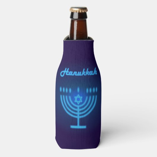 Chanoeka Festival Menorah Logo decoratief blauw Flesjeskoeler (Fles Voorkant)