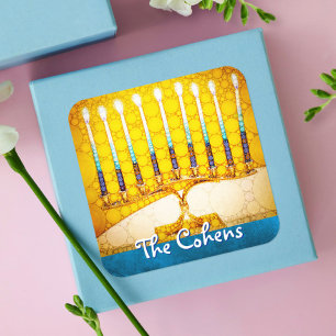 Chanoeka Geel Goud Menorah Blauwgroen Blauw Custom Vierkante Sticker