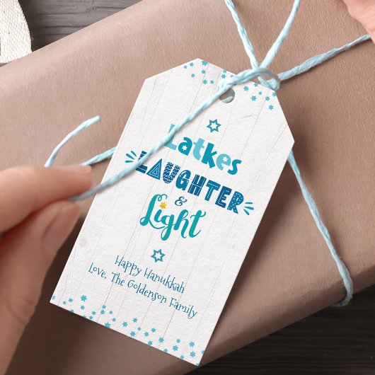 Chanoeka Latkes Lachen Licht Typografie Rustiek Cadeaulabel